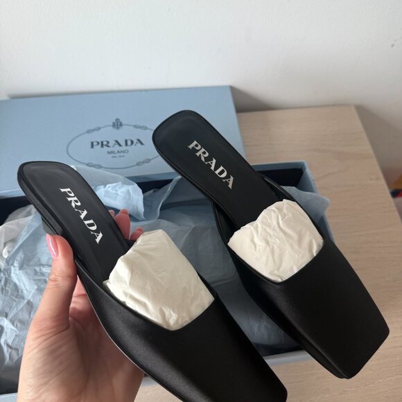 NWT Prada Slip-On Mules Black Satin Square Toe Leather Sole Triangle Heels Sz 36 - Picture 4 of 12